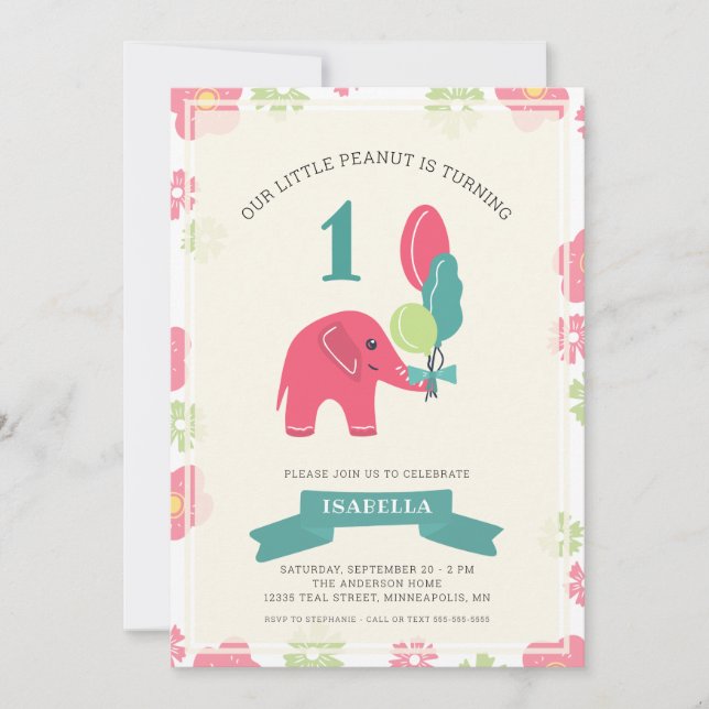 Our Little Peanut Elephant | Girl 1st Birthday Invitation (Front)