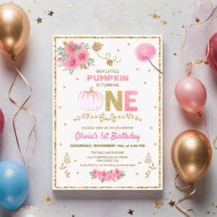 Our Little Pink & Gold Pumpkin 1st Birthday Party Invitation