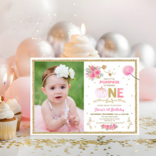 Our Little Pink & Gold Pumpkin 1st Birthday Party Invitation