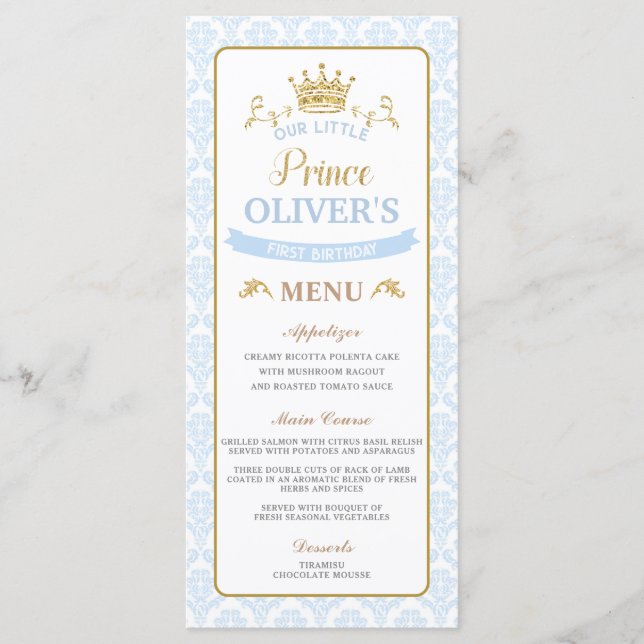 Our Little Prince Blue Baby Shower Birthday Menu (Front)