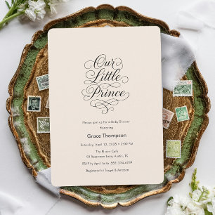 Our Little Prince Minimal Script Peach Baby Shower Invitation