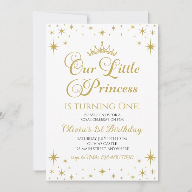 Our Little Princess Royal Gold and Blue Birthday Invitation (Front)