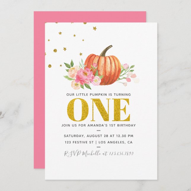 Our Little Pumpkin 1st Birthday Baby Girl Party Invitation (Front/Back)