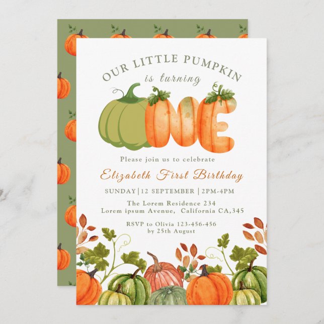 Our Little Pumpkin 1st Birthday  Fall Photo  Invitation (Front/Back)