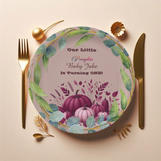 Our Little Pumpkin 1st Birthday Fall Wreath Purple Paper Plate (Our Little Pumpkin 1st Birthday Fall Wreath Purple Paper Plate)