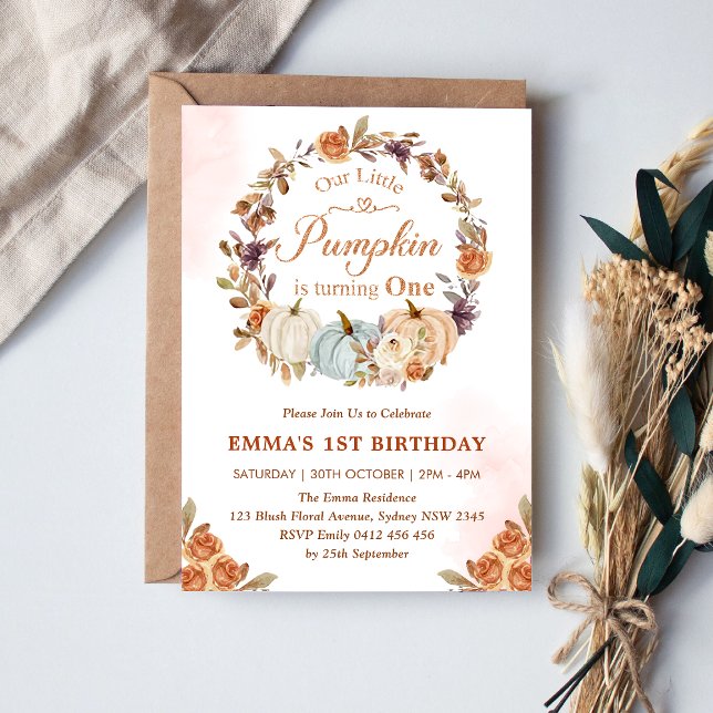 Our Little Pumpkin 1st Birthday Gold Floral Party  Invitation (Creator Uploaded)