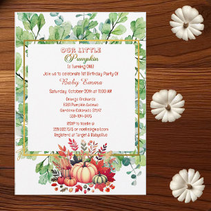 Our Little Pumpkin 1st Birthday Green Fall Wreath  Invitation