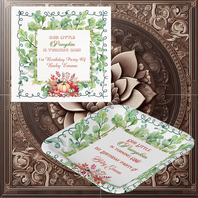 Our Little Pumpkin 1st Birthday Green Fall Wreath  Napkin (Our Little Pumpkin 1st Birthday Green Fall Wreath Napkins)