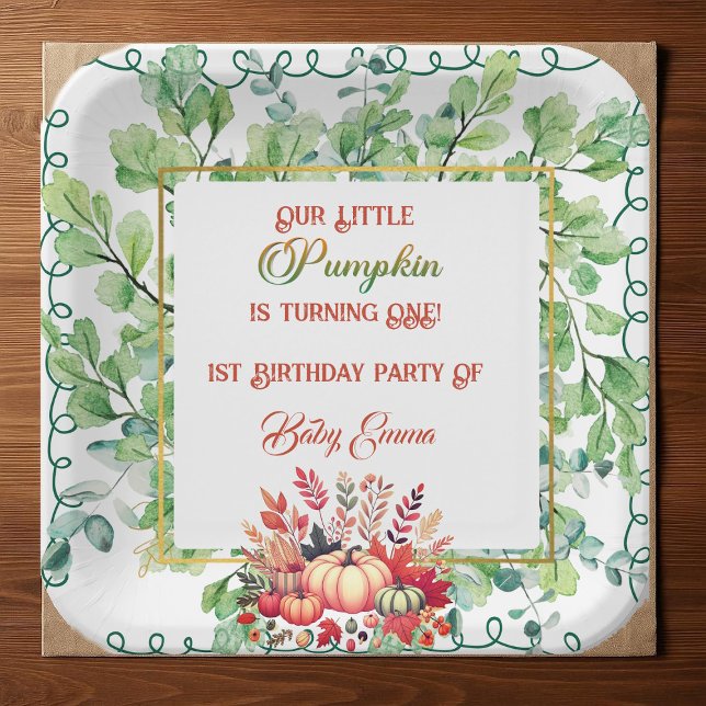 Our Little Pumpkin 1st Birthday Green Fall Wreath  Paper Plate (Our Little Pumpkin 1st Birthday Green Fall Wreath Paper Plates)
