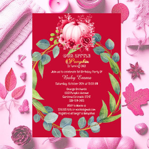 Our Little Pumpkin 1st Birthday Green Wreath Pink Invitation