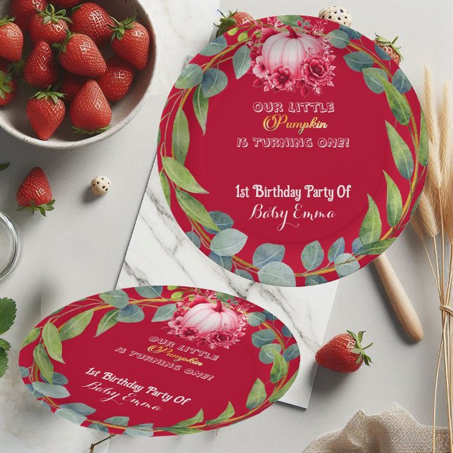 Our Little Pumpkin 1st Birthday Green Wreath Pink Paper Plate (Our Little Pumpkin 1st Birthday Green Wreath Pink Paper Plates)