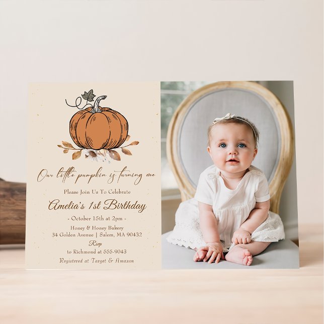 Our Little Pumpkin 1st Birthday Photo Invitation (Creator Uploaded)