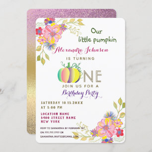 Our Little Pumpkin, 1st Birthday Pink Floral Fall Invitation