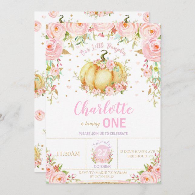 Our Little Pumpkin 1st First Birthday Girl Floral Invitation (Front/Back)