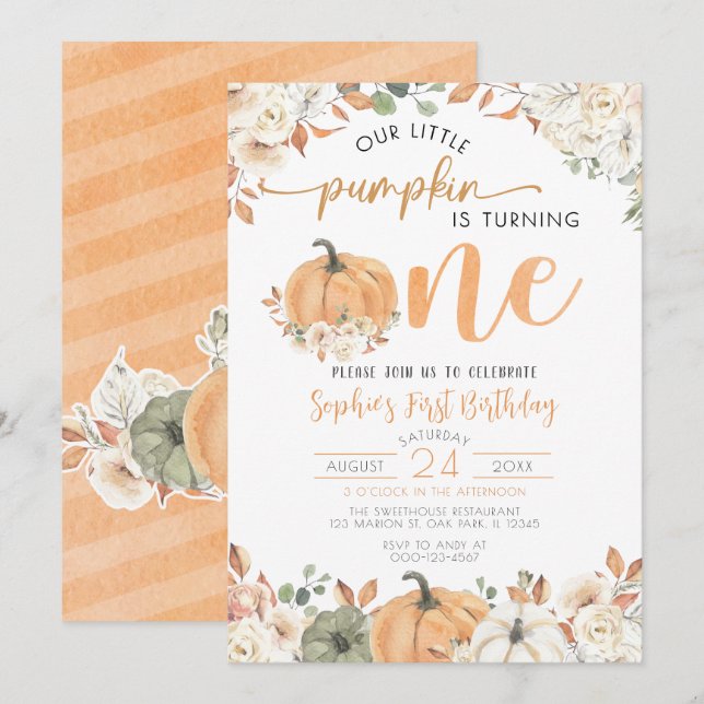 Our Little Pumpkin Autumn Fall Floral 1st Birthday Invitation (Front/Back)