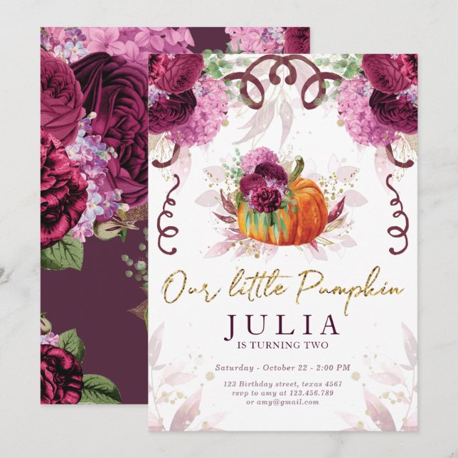 Our Little Pumpkin Birthday Burgundy Invitation (Front/Back)