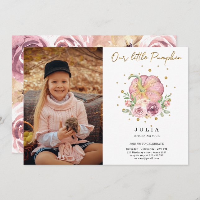 Our Little Pumpkin Birthday Pink Photo Invitation (Front/Back)