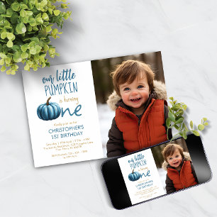 Our Little Pumpkin Blue 1st Birthday Invitation