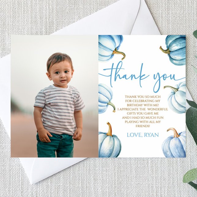 Our Little Pumpkin Blue Picture Birthday Party Thank You Card (Creator Uploaded)