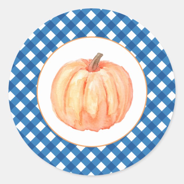 Our Little Pumpkin blue plaid first birthday Classic Round Sticker (Front)