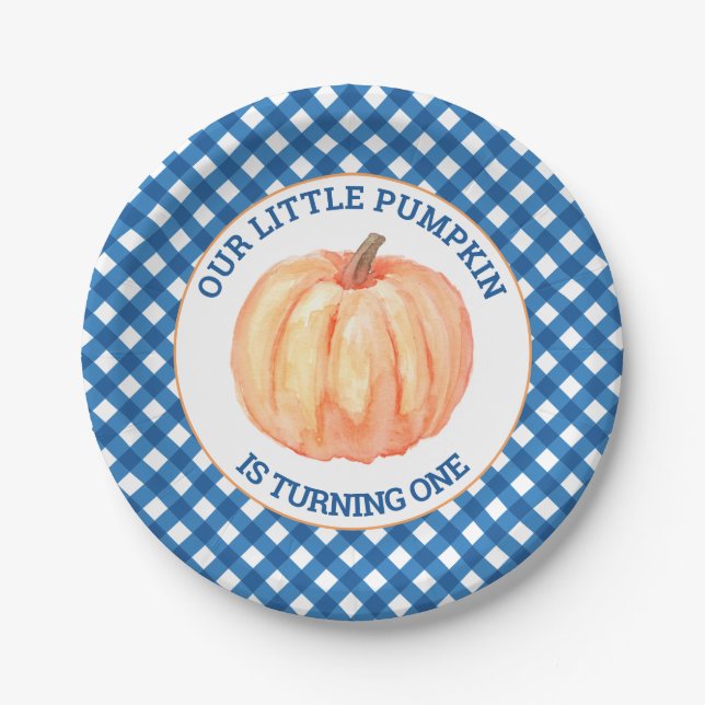 Our Little Pumpkin blue plaid first birthday Paper Plate (Front)