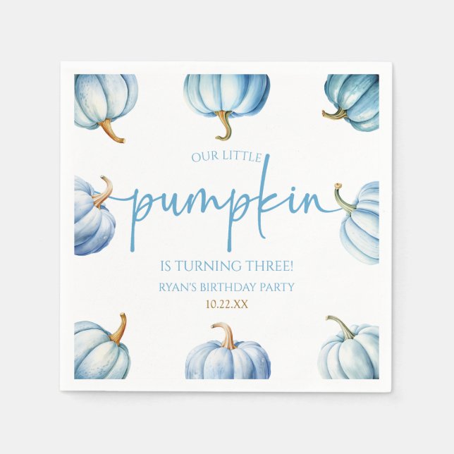 Our Little Pumpkin Blue White Fall Birthday Party Napkin (Front)