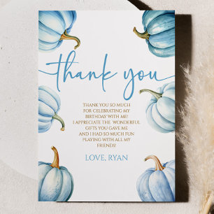Our Little Pumpkin Blue White Fall Birthday Party Thank You Card
