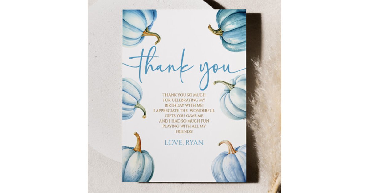 Our Little Pumpkin Blue White Fall Birthday Party Thank You Card | Zazzle
