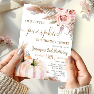 Our Little Pumpkin Boho Fall Girl 3rd Birthday Invitation