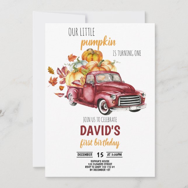 Our Little Pumpkin Boy 1st Birthday Fall Truck Invitation (Front)