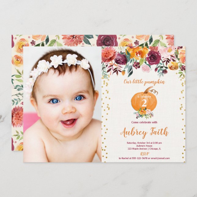 Our little pumpkin burgundy floral birthday photo invitation (Front/Back)