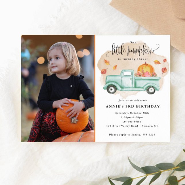 Our Little Pumpkin Fall Farm Truck Birthday Photo Invitation (An adorable invitation for a birthday featuring a photo of your favorite Little Pumpkin!)