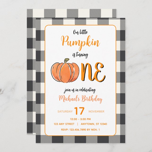 Our Little Pumpkin Fall Flannel Boys Birthday Invitation (Front/Back)