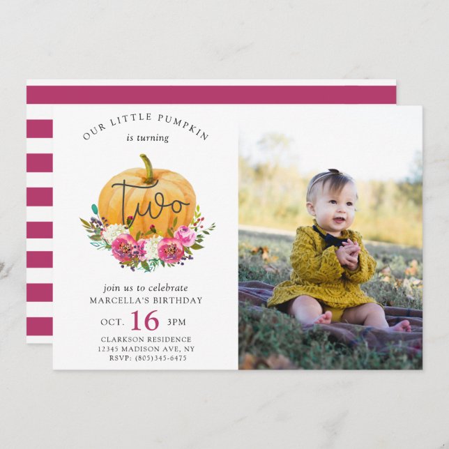 Our Little Pumpkin Fall Floral 2nd Birthday Invitation (Front/Back)