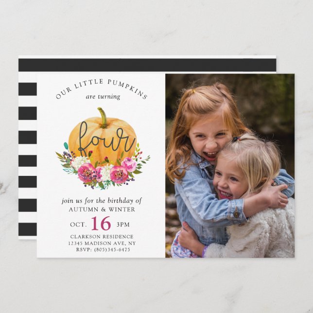 Our Little Pumpkin Fall Floral 4th Twins Birthday Invitation (Front/Back)