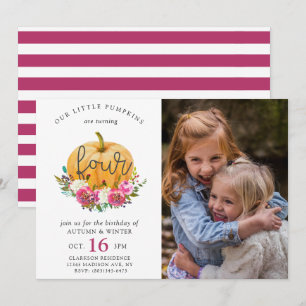 Our Little Pumpkin Fall Floral 4th Twins Birthday Invitation