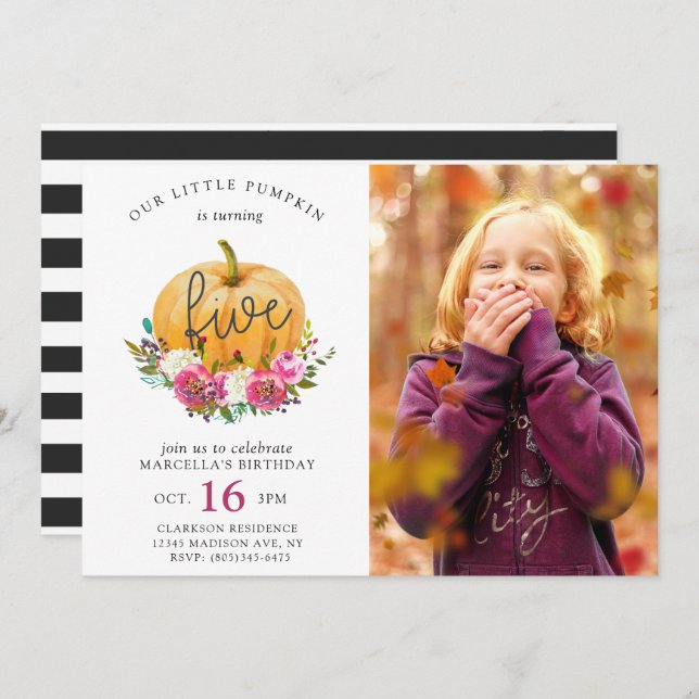 Our Little Pumpkin Fall Floral 5th Birthday Invitation (Front/Back)