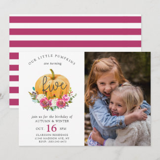 Our Little Pumpkin Fall Floral 5th Twins Birthday Invitation
