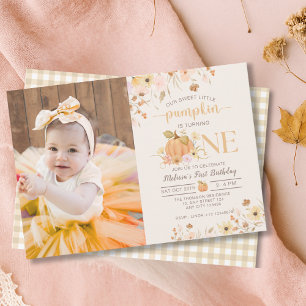 Our Little Pumpkin Floral Pumpkin Birthday Photo  Invitation