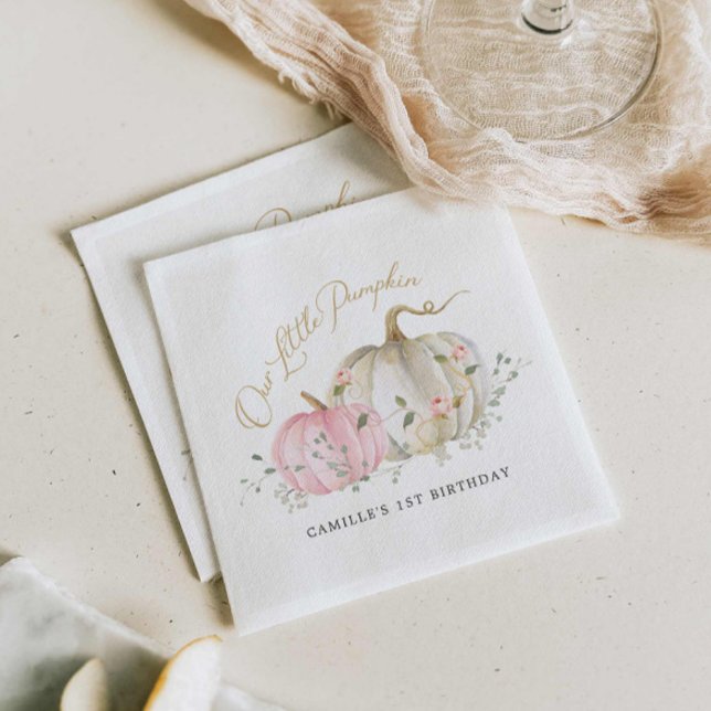 Our Little Pumpkin Girl 1st Birthday Napkin (Pink Pumpkin Fall Girl birthday Party Napkins)