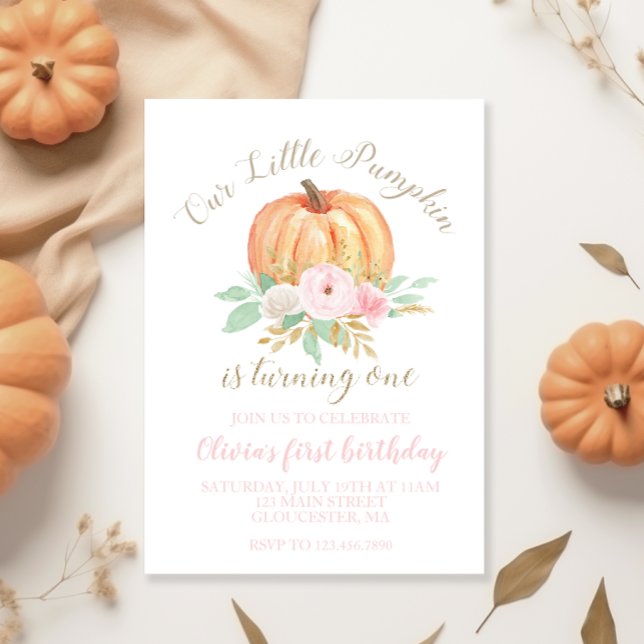 Our Little Pumpkin gold and floral first birthday  Invitation (Creator Uploaded)