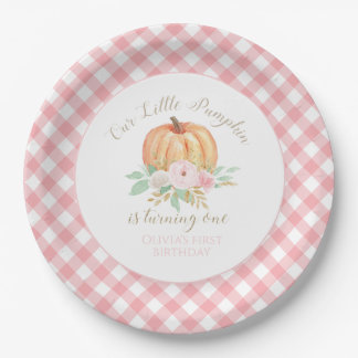 Our Little Pumpkin gold and floral first birthday Paper Plate