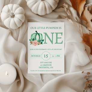 Our Little Pumpkin is ONE Mint/Pink Birthday Party Invitation