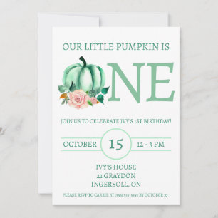 Our Little Pumpkin is ONE Mint/Pink Birthday Party Invitation