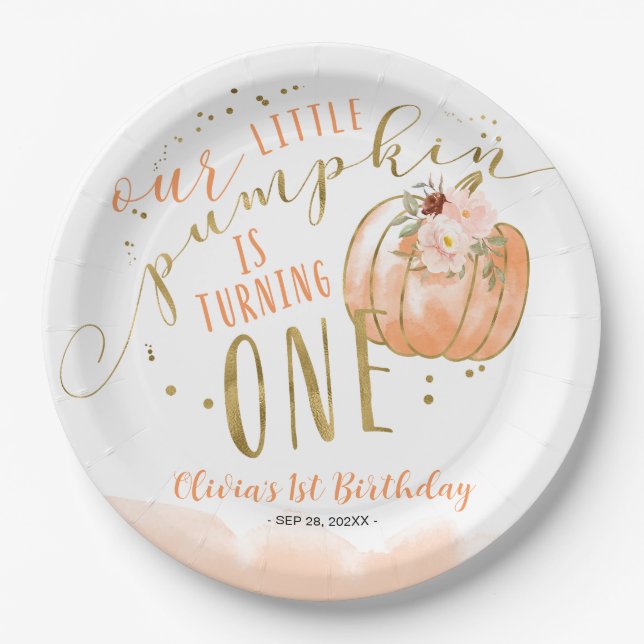 Our Little Pumpkin Is Turning One 1st Birthday Paper Plate (Front)