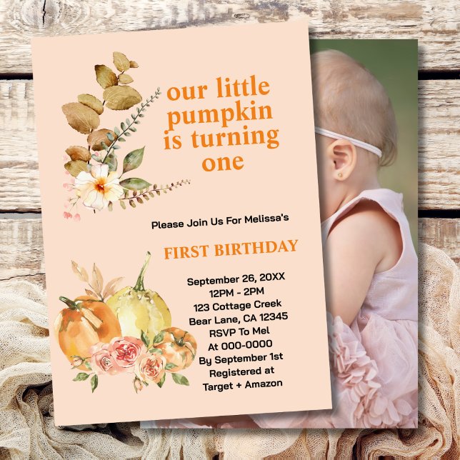 Our Little Pumpkin is turning one greenery photo Invitation (Creator Uploaded)