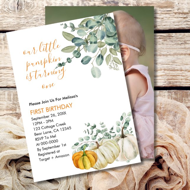 Our Little Pumpkin is turning one greenery photo Invitation (Creator Uploaded)