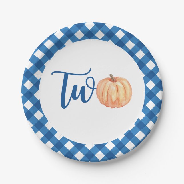 Our Little Pumpkin is TWO blue 2nd birthday Paper Plate (Front)