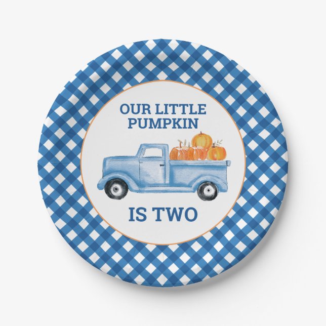 Our Little Pumpkin is TWO blue truck 2nd birthday Paper Plate (Front)