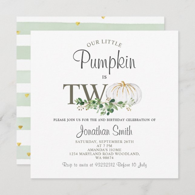 Our Little Pumpkin Is Two Greenery Floral Birthday Invitation (Front/Back)